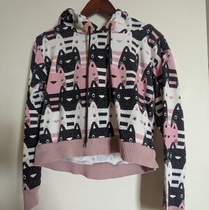 Pink and Black Cat Print Hoodie. Cropped